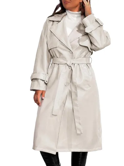 Women's Plus Size Faux Leather Moto Trench Coat with Belt