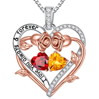 925 Sterling Silver Rose Heart Double Birthstone Necklace for Women